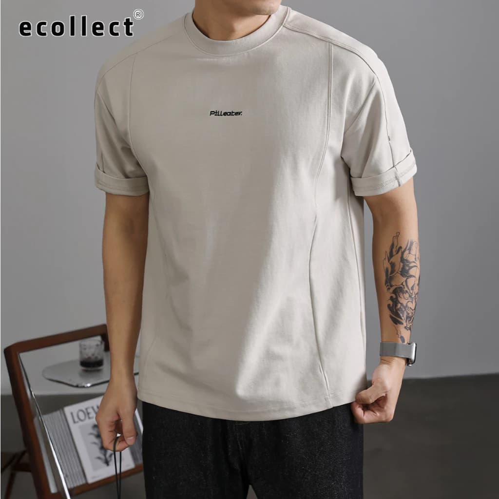 Áo Thun Nam Tay Ngắn ECOLLECT CT03 Phom Rộng Cổ Tròn, Áo Phông Cotton Thêu Chữ Phối Viền Thời Trang Hè