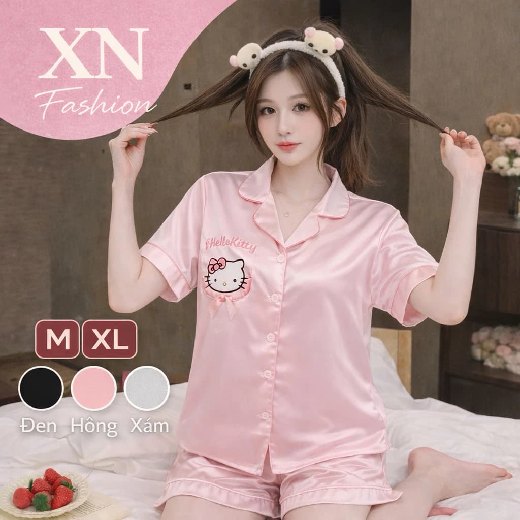 Bộ Ngủ Mèo HeloKit Mặc Mùa Hè Chất Lụa Cao Cấp Có size (40-75kg)