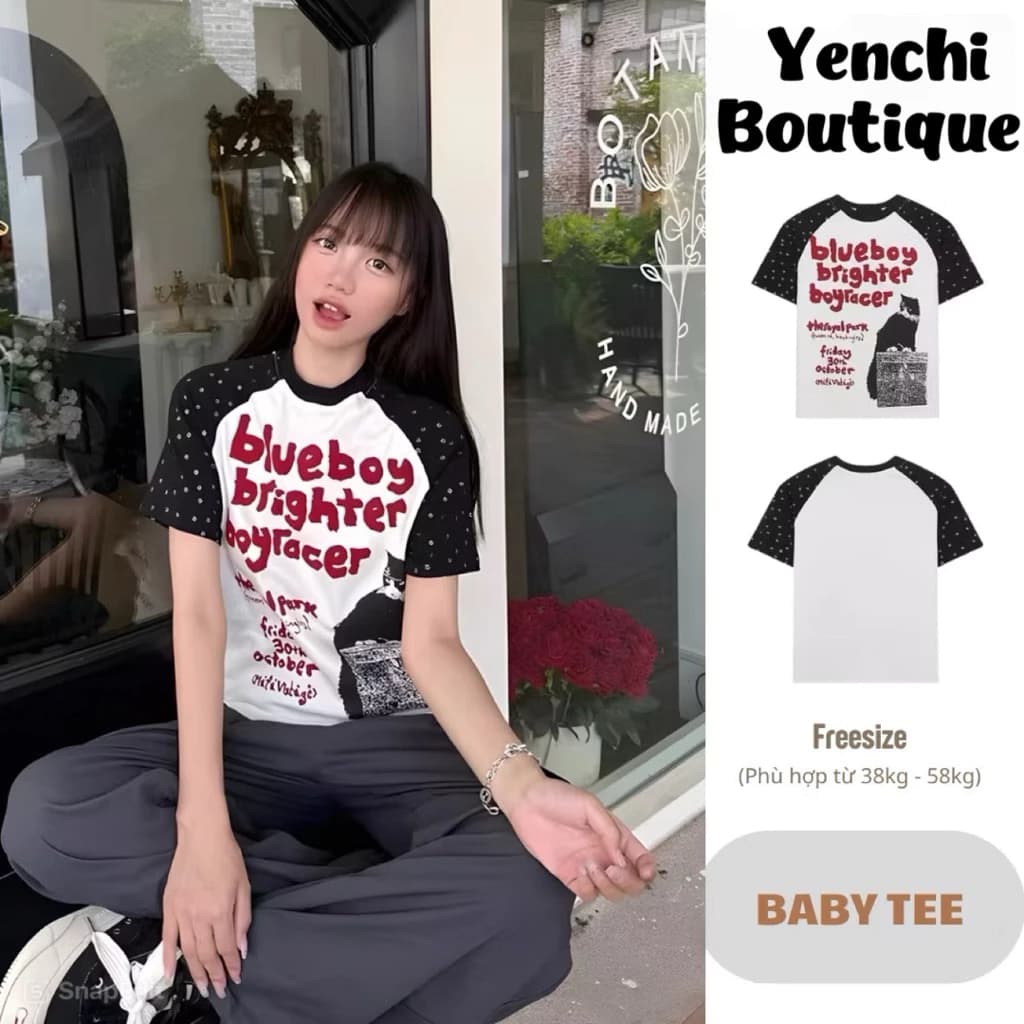 Áo Thun Baby Tee Nữ Raglan Bluebow Retro Style Hàn Quốc - Áo Phông Cộc Tay Phối Màu Co Giãn Ôm Dáng