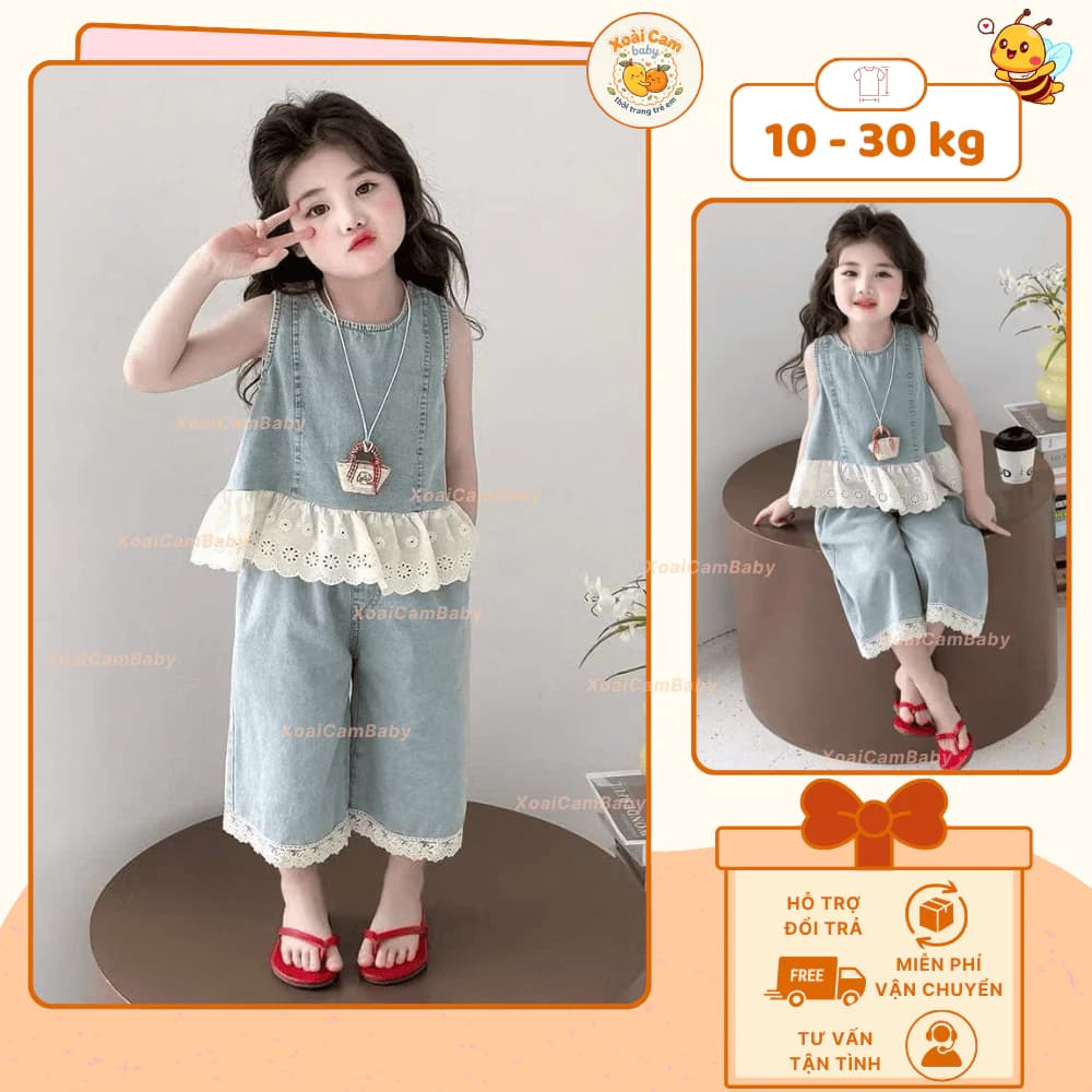 Set jean sát nách bé gái mix ren phối quần suông lửng mang phong cách Hàn Quốc nhẹ nhàng, dễ thương, năng động -M21