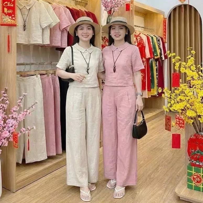 Sét bộ linen áo cổ sen quần suông dài. Đủ size 40-70kg. Chất linen mặc hè siêu mát. HT02.