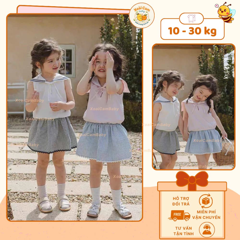 Set áo sát nách bé gái mùa hè cổ thủy thủ +phối chân váy xoè caro dễ thương phong cách Hàn Quốc cho bé mùa hè - M15
