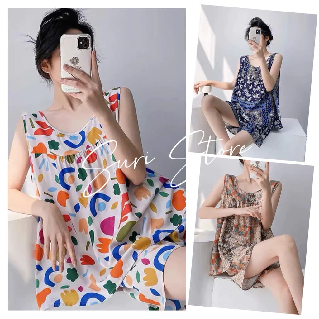 [Sẵn] Bộ ngủ lanh tole mặc ở nhà dành cho nữ, bộ áo ba lỗ và quần đùi vải lanh mềm mát, họa tiết trẻ trung BNSN03