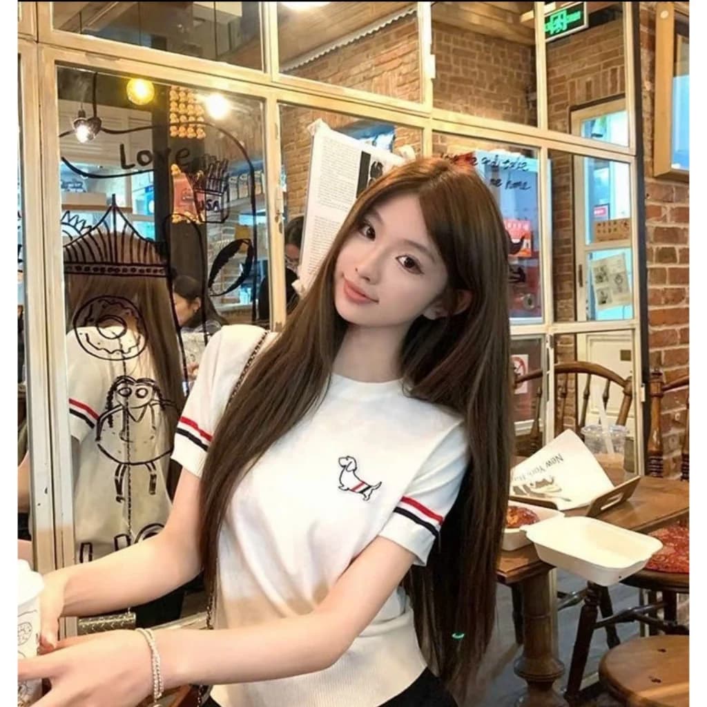 Áo Croptop, áo thun Tay Ngắn cổ tròn kiểu cún ngực sọc tay dành cho nữ dễ thương
