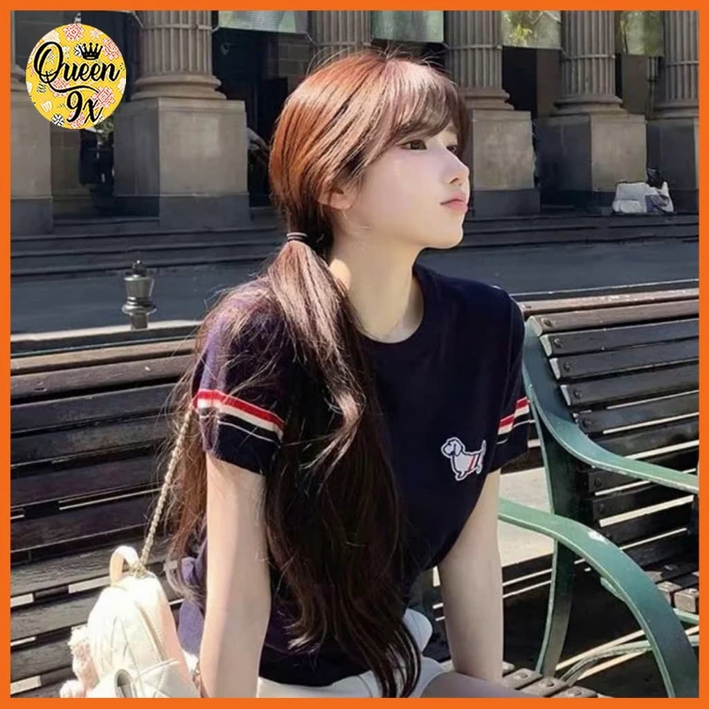 Áo thun babytee kẻ sọc in cún ngực tay ngắn màu xanh than trắng cho nữ Freesize 35-53kg