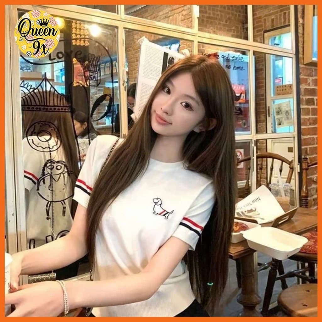 Áo thun áo babytee in cún sọc tay ngắn dễ thương màu trắng cho nữ Freesize 35-53kg