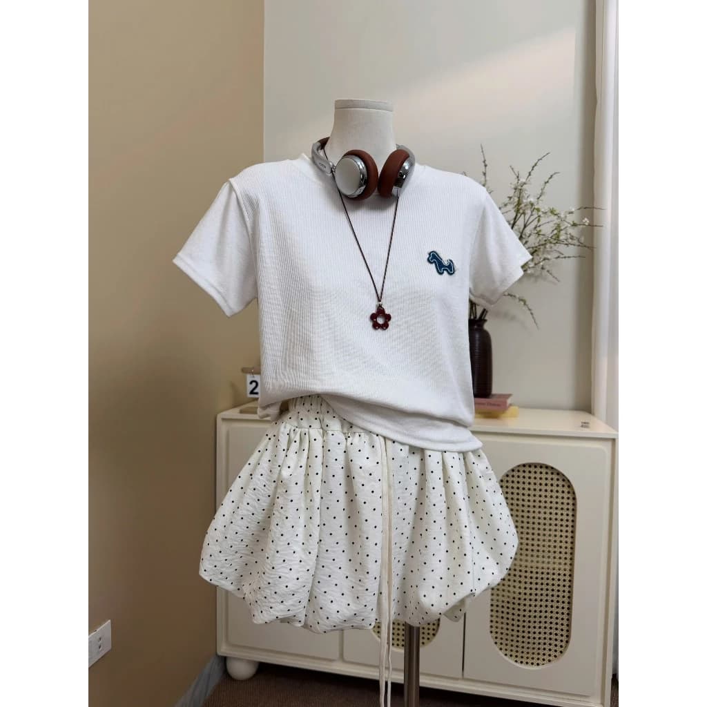 Set Bộ Nữ Logo Thêu Ngựa Áo Thun Babytee Kèm Đầm Bí Chất Đũi 2 Lớp