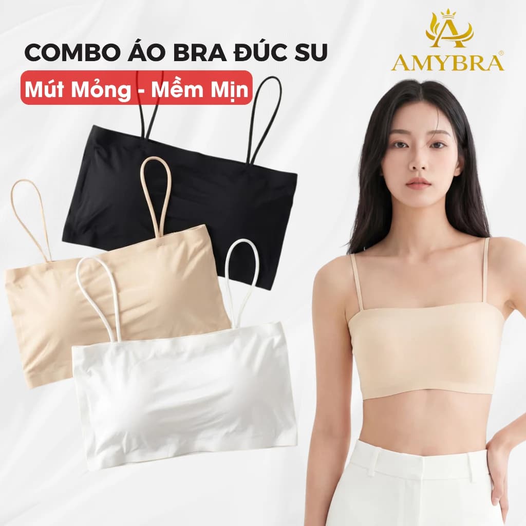 Combo 3 Áo Bra Su Đúc 2 Mềm Mịn Không Lộ Viền - Áo 2 Dây Mút Mỏng Có Thể Tháo Rời AMYBRA B8881