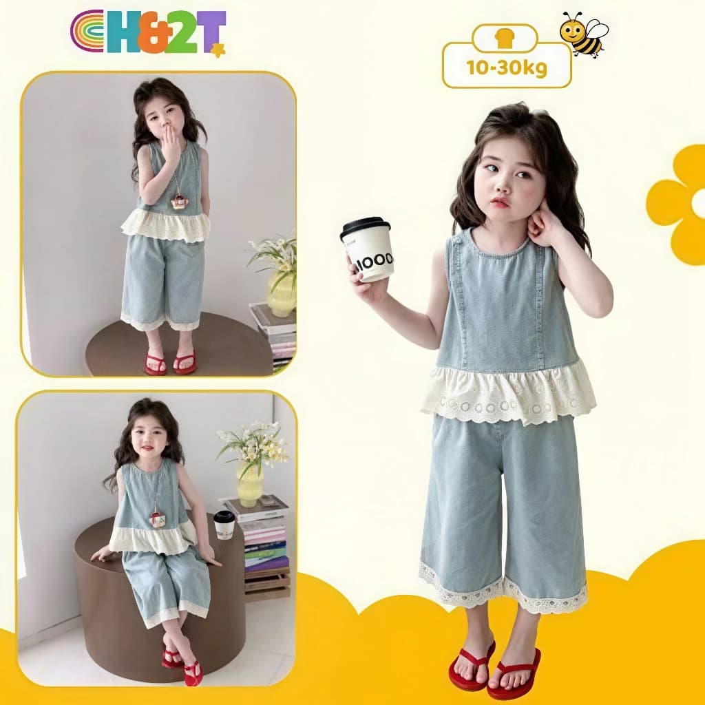 Set đồ bé gái, set jean 2 món phối ren quần ống rộng form rộng thoáng mát phong cách Hàn Quốc H&2T baby kid - [M21]