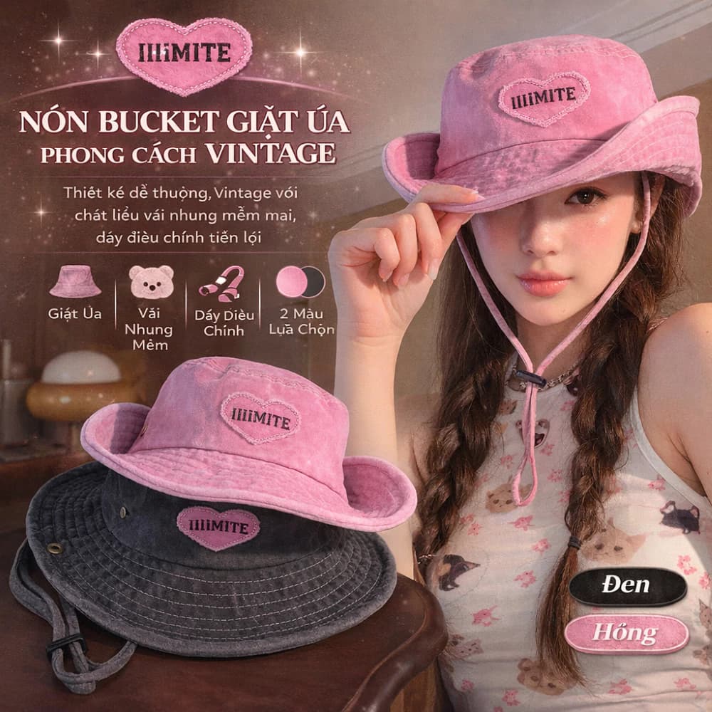Nón Bucket Vintage MH4 – Mũ Tai Bèo Nhung Mềm Giặt Wash, Có Dây Rút Điều Chỉnh, Phong Cách Hàn Quốc