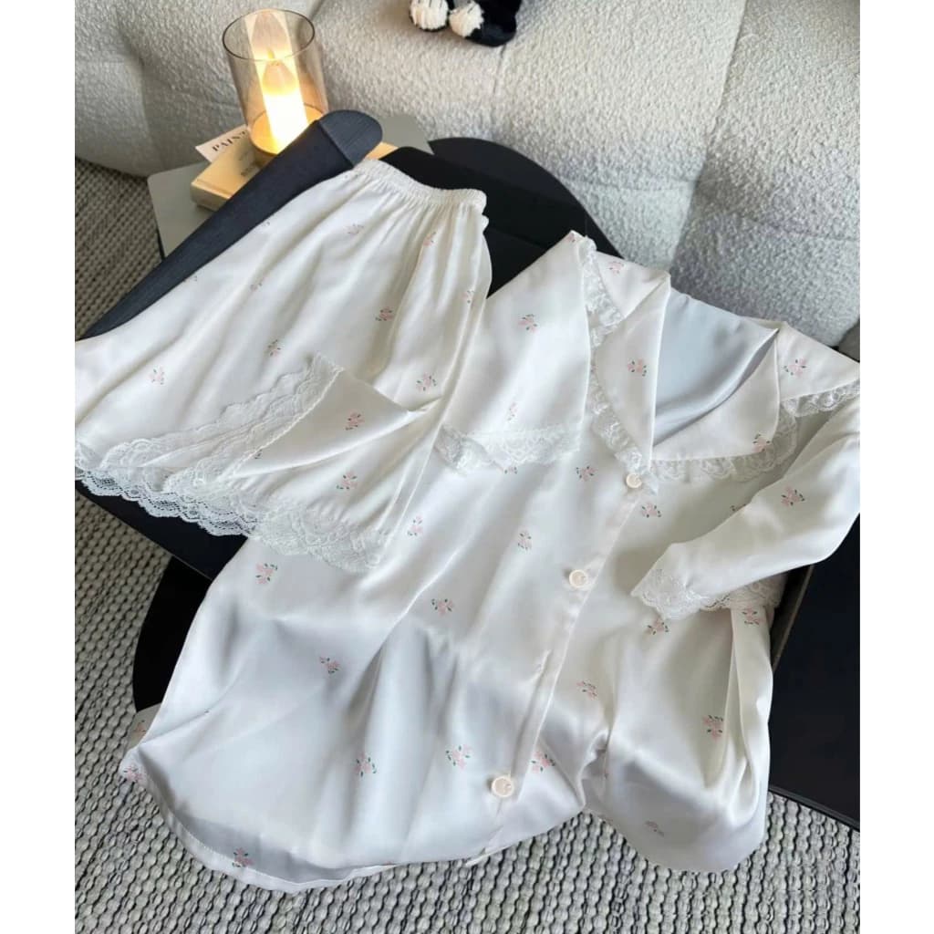 Bộ đồ ngủ pijama ngắn viền ren vải lụa latin tơ tằm mềm mại xinh xắn