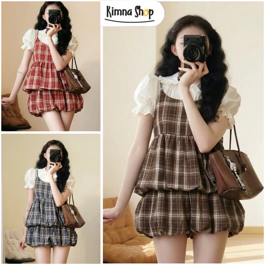 [KHÔNG KÈM VÁY] Set Áo Yếm Bí Kẻ Caro Kèm Áo Cổ Sen Tay Bồng Viền Ren
