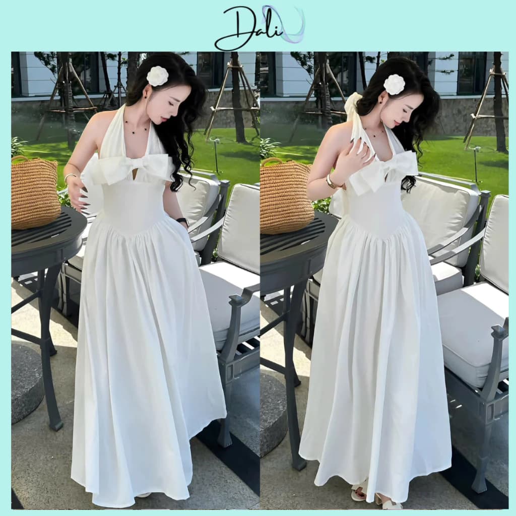 Đầm Maxi Cổ Yếm Dáng Dài Thắt Nơ Nguc Chất Liệu Thô Hàn Mềm Mại