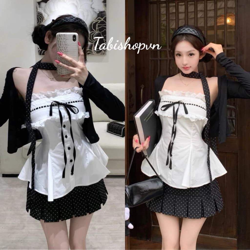 Set áo quây đính nơ phối váy chấm bi kèm khoác TABISHOP set đồ nữ dễ thương mặc hè hottrend(303)