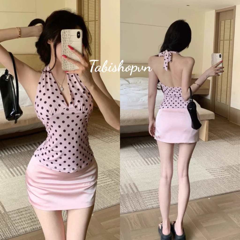 Set áo yếm chấm bi phối chân váy ngắn ôm màu hồng TABISHOP Set đồ nữ sang chảnh mặc hè đi chơi(305)