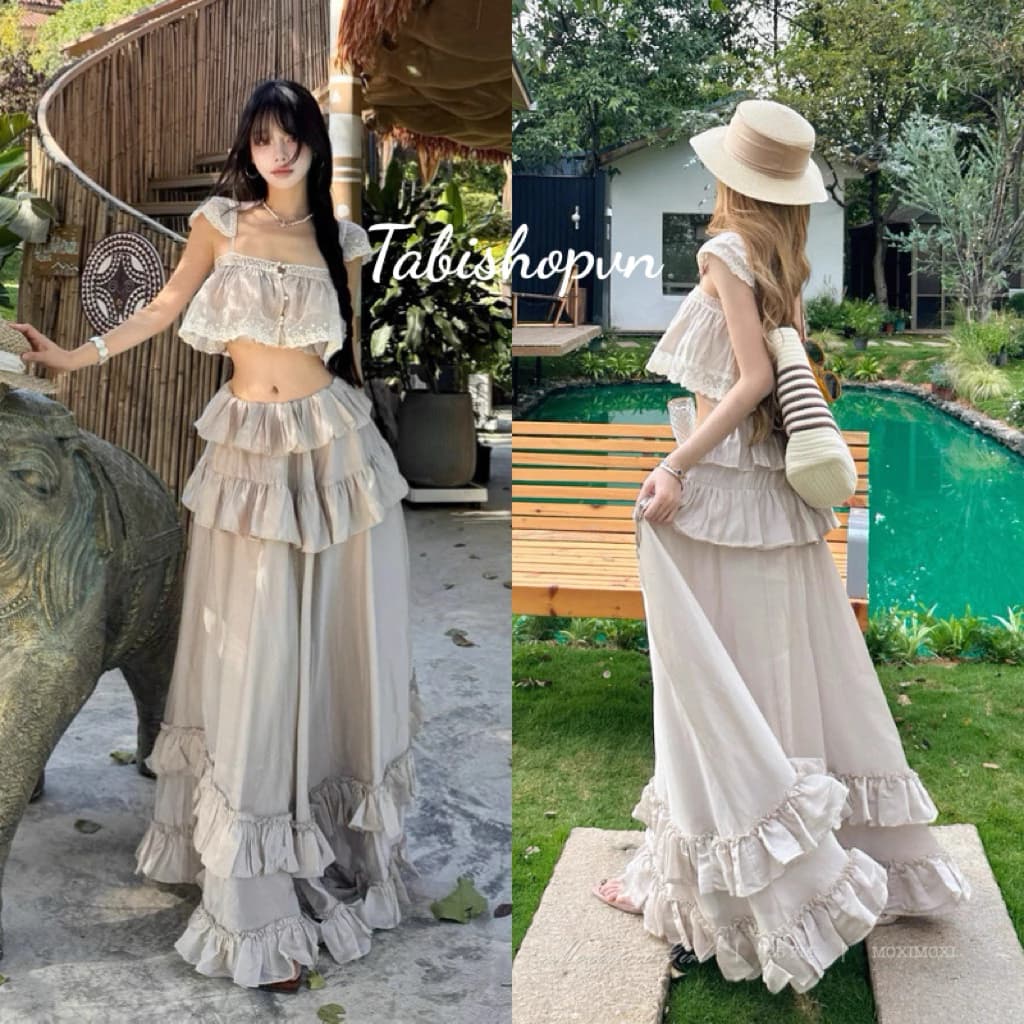Set áo 2 dây croptop phối chân váy dài tầng bèo TABISHOP Set đồ nữ mặc đi biển du lịch(310)