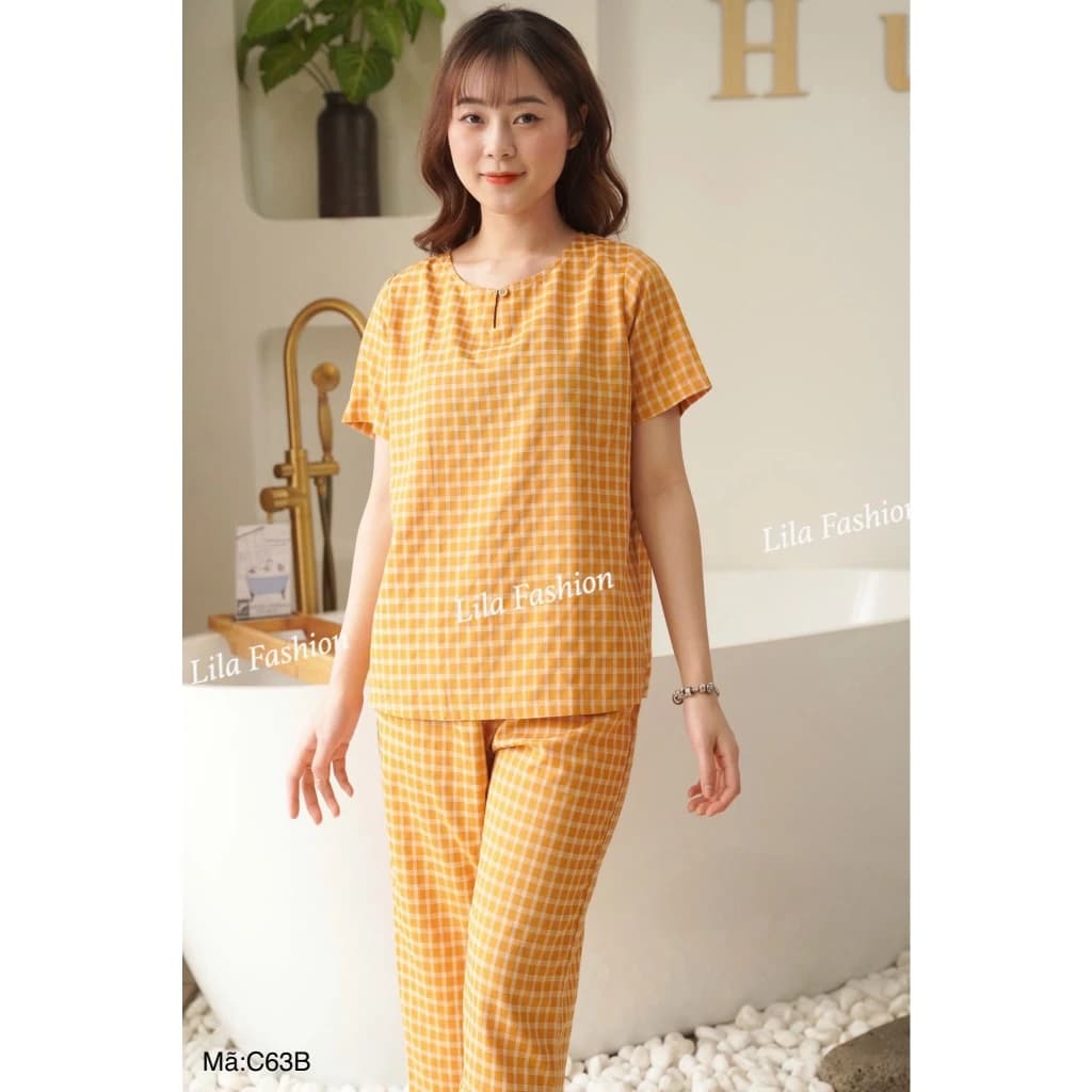 Bộ quần áo kẻ caro - K208,bộ pijama nữ mặc nhà Lila cổ tàu,có túi chất thô cotton mềm mịn mát, thấm hút mồ hôi