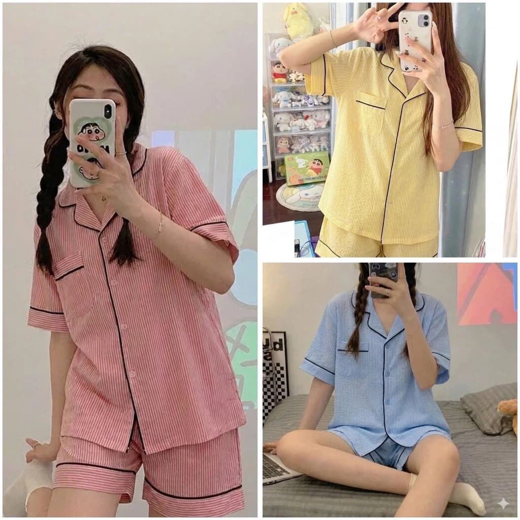 Bộ ngủ kẻ sọc viền cho nữ - Set đồ ngủ quần đùi kèm áo cộc form rộng mặc ở nhà đẹp B66 kẻ