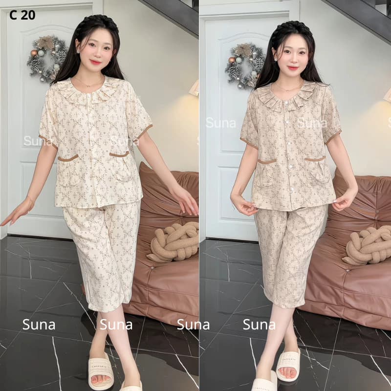 Đồ bộ mặc nhà Pijama nữ kẻ caro Suna cổ tròn,quần lửng,chất đũi vân mây cao cấp