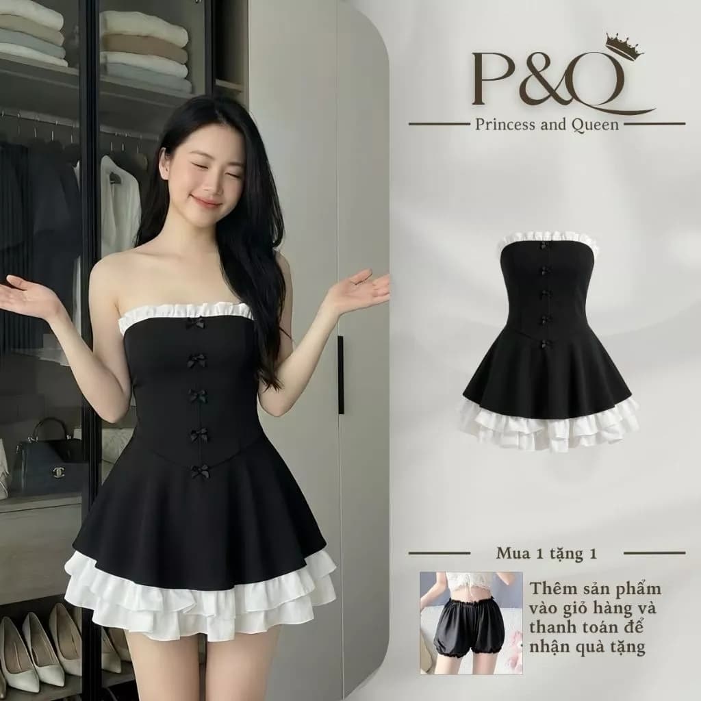 Váy Quây Cúp Ngực P&Q Dáng Xòe Phối Viền Bèo Trắng Đính Nơ Tiểu Thư | vd0118