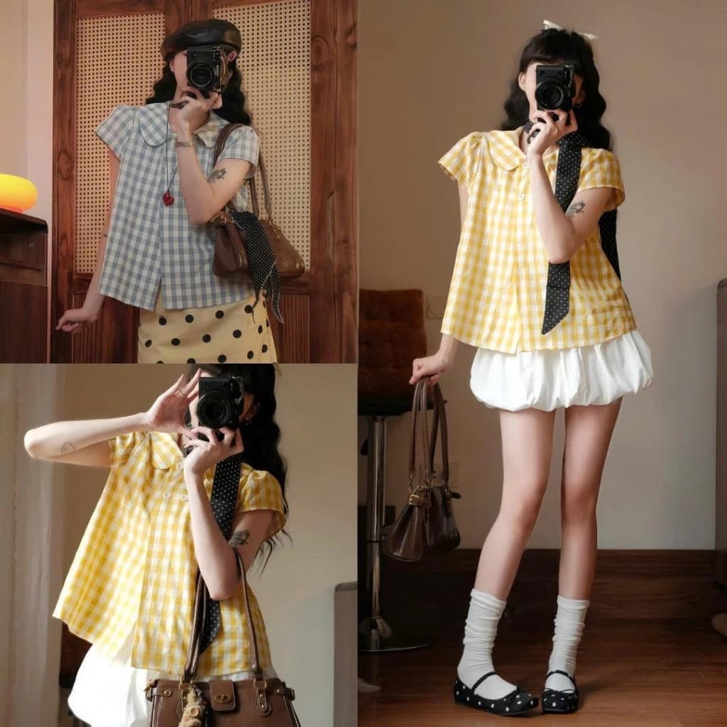 Set Áo Babydoll Kẻ Caro Tay Phồng Mix Chân Váy Bí Dễ Thương Nữ Tính 247Store