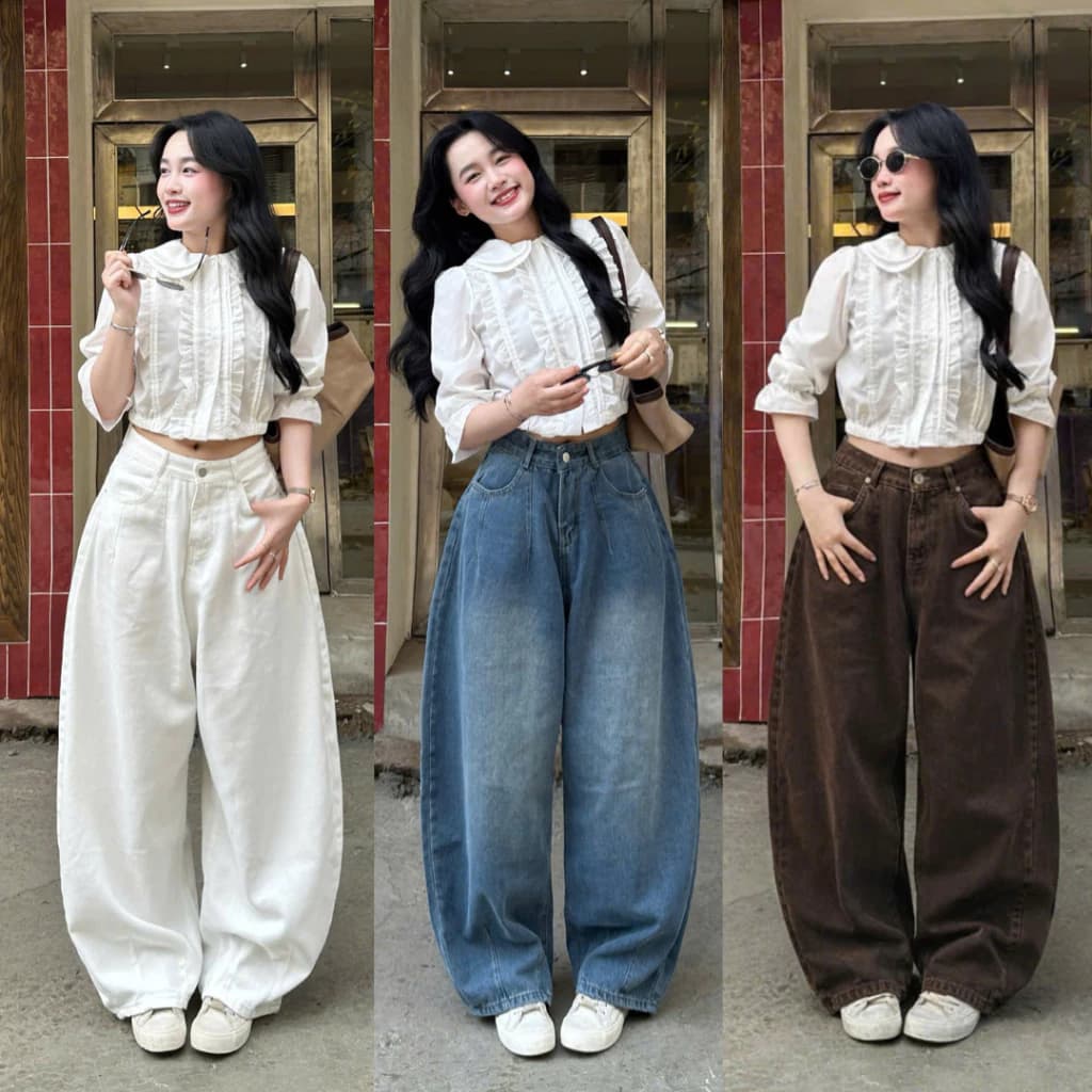 Quần jean suông unisex ống rộng màu wash, Quần jeans ống cong form rộng nam nữ phong cách bom màu wash retro