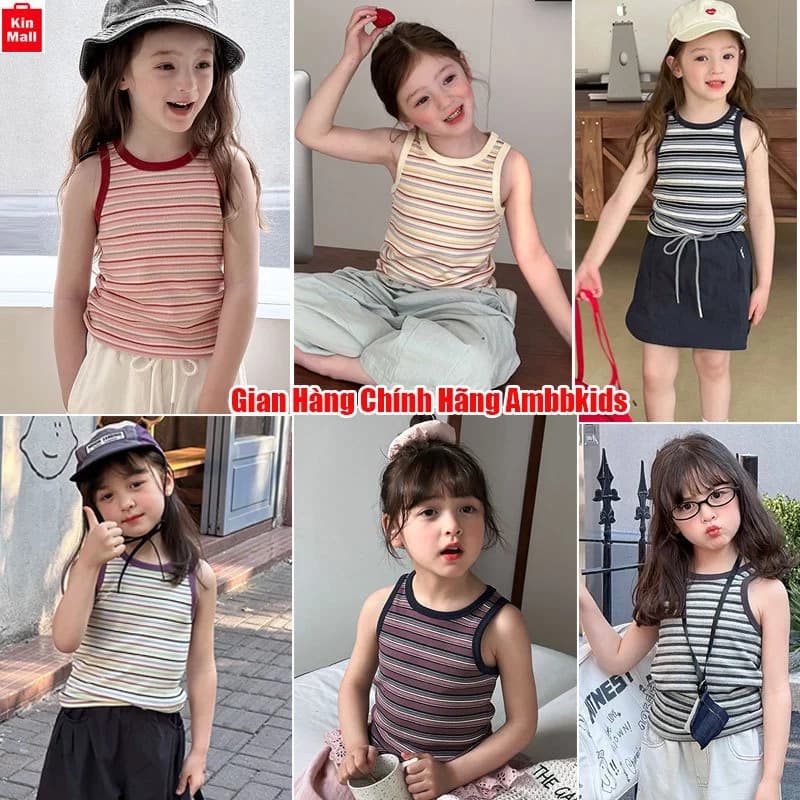 NEW HÈ 2026 (10-40kg) Áo Thun Sát Nách, Áo Ba Lỗ Kẻ Sọc Sành Điệu Cho Bé Gái hãng AMBBKIDS