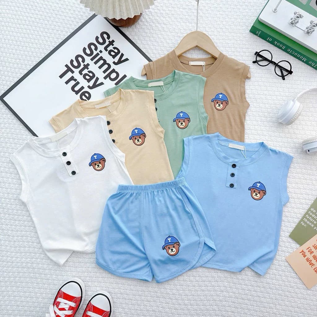 BL025(9-30kg) Bộ Ba Lỗ In Hình Gấu Phối Nút Chất Thun Lạnh Cho Bé Trai Bé Gái