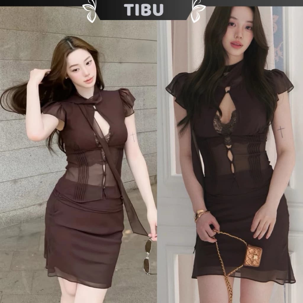 TIBU - Set Áo Sơ Mi Tay Bồng Thắt Nơ Cổ Phối Chân Váy Đuôi Cá Ngắn Sang Chảnh Đi Chơi Dạo Phố Biển Mùa Hè D725
