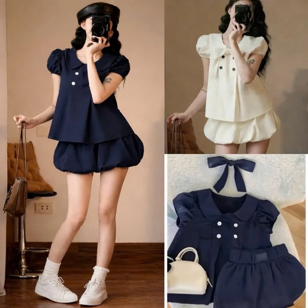 Set váy babydoll cổ sen nơ 4 cúc tay bồng kèm chân váy bi dáng ngắn tiểu thư sang chảnh