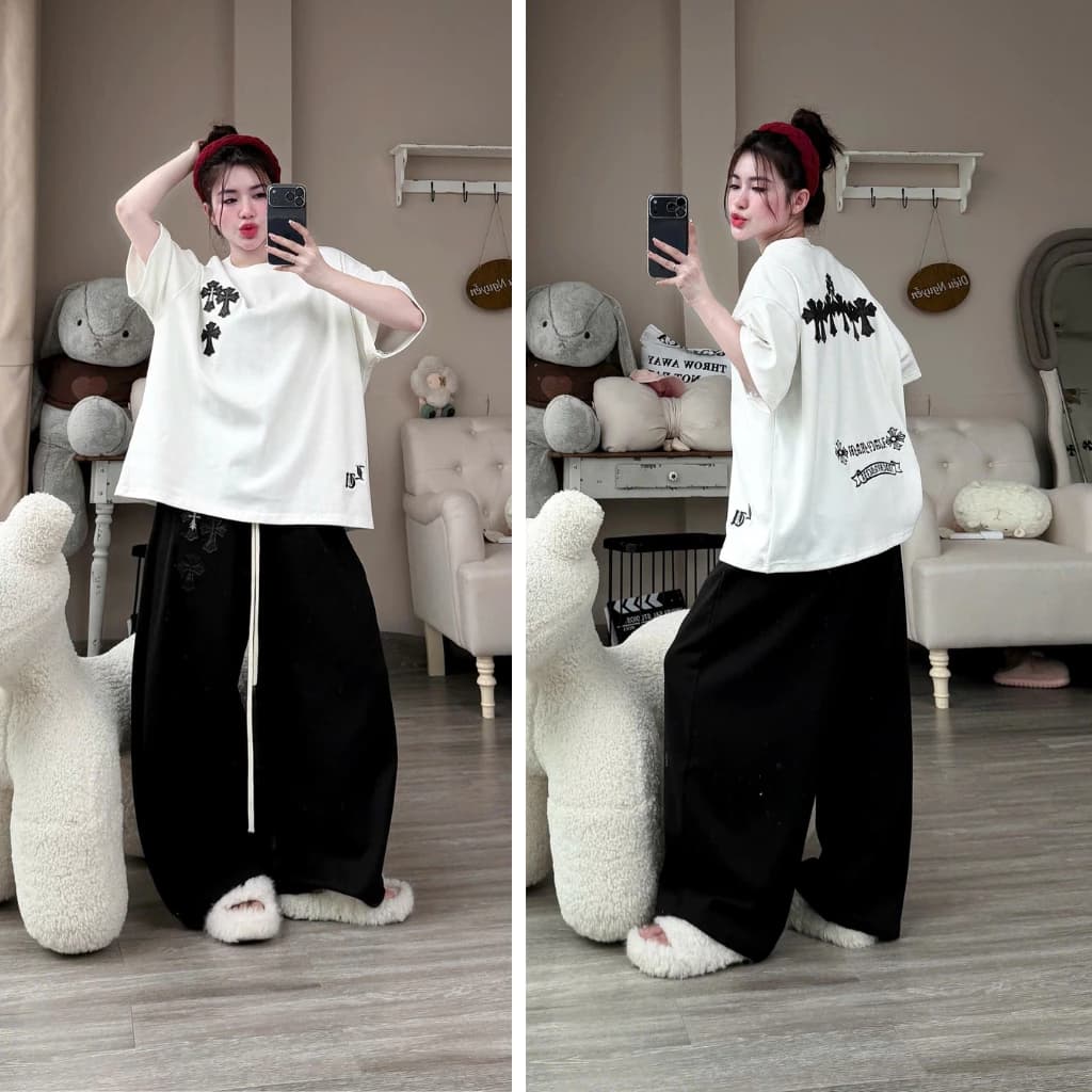 Set bộ áo thun cổ tròn chữ thập trắng phối quần dài cạp chun đen dáng suông phong cách Genzstudio