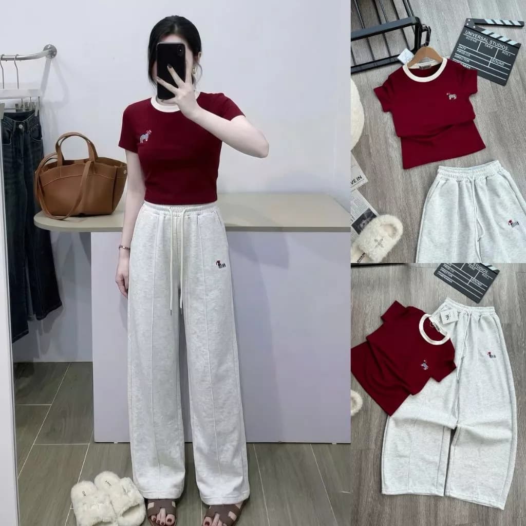 Set Bộ Logo Thêu LA12 Áo Thun Nữ Kèm Quần Nỉ Thun Chất Đẹp Form Thoải