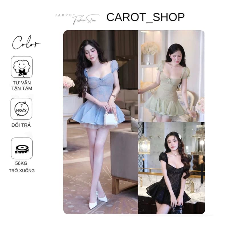 VN01( 𝐁𝐈𝐆𝐒𝐈𝐙𝐄)  Đầm ngắn tùng xoè phối lưới đính nơ “ QC LƯỚI DA “ size 𝐒 => 𝟑𝐗𝐋 - 𝐊𝐄̀𝐌 𝐐𝐔𝐀̂̀𝐍 by CarrotShop