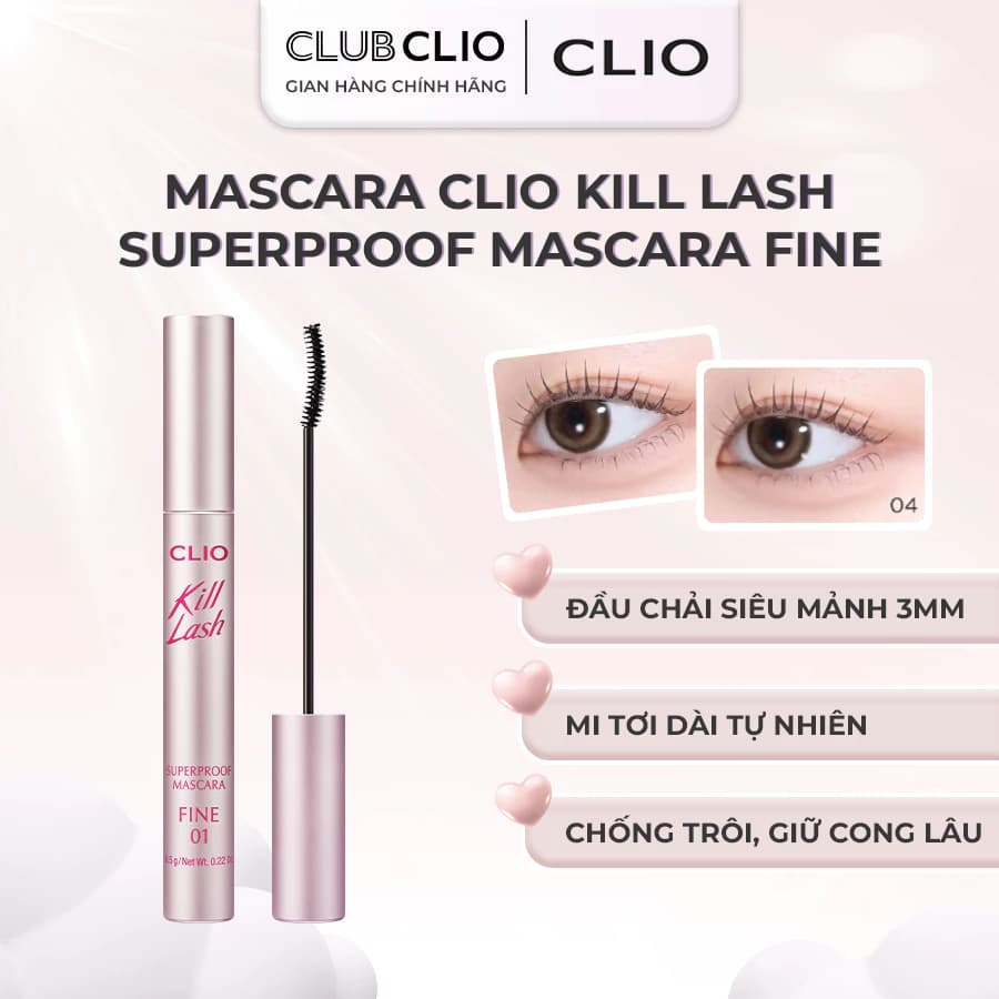 Mascara Clio Kill Lash Superproof Mascara Fine 7g, Đầu Chải Siêu Mảnh 3mm Giúp Mi Cong Tự Nhiên