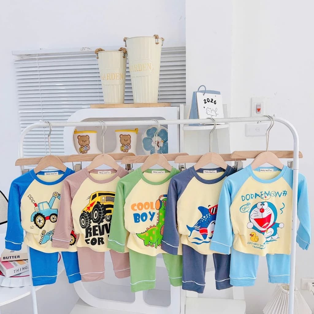 Bộ Dài Thun Lạnh Micky woo Cho Bé Trai Mặc ngủ điều hòa  Mềm Mịn Thoáng Mát 7-25kg Cao 80-123Cm