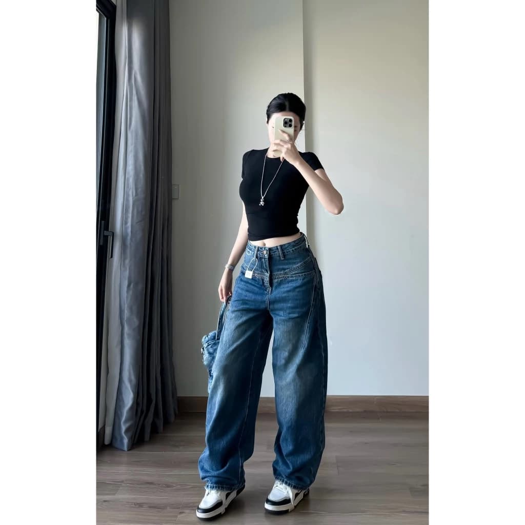 Quần Bò Ống Rộng Tôn Dáng Hot Basic Midori Shop, Quần Bò Jean Ống Suông Màu Retro Xanh Wash S089