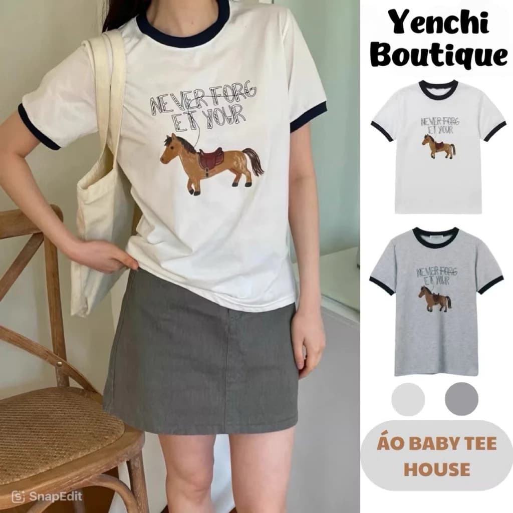 Áo Baby Tee NEVER FORGET YOUR Nữ  .Áo Thun Ringer Cổ Viền In Hình Ngựa Hot Trend - Áo Phông Ngắn Tay Chất Cotton Co Giãn