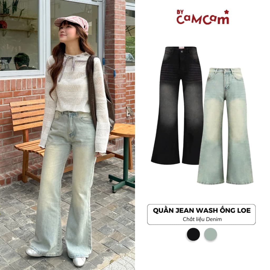 Quần Jean Wash Ống Loe 𝑩𝒚𝒄𝒂𝒎𝒄𝒂𝒎 Dáng Dài Ống Loe Nữ Tính Thời Trang QTD065
