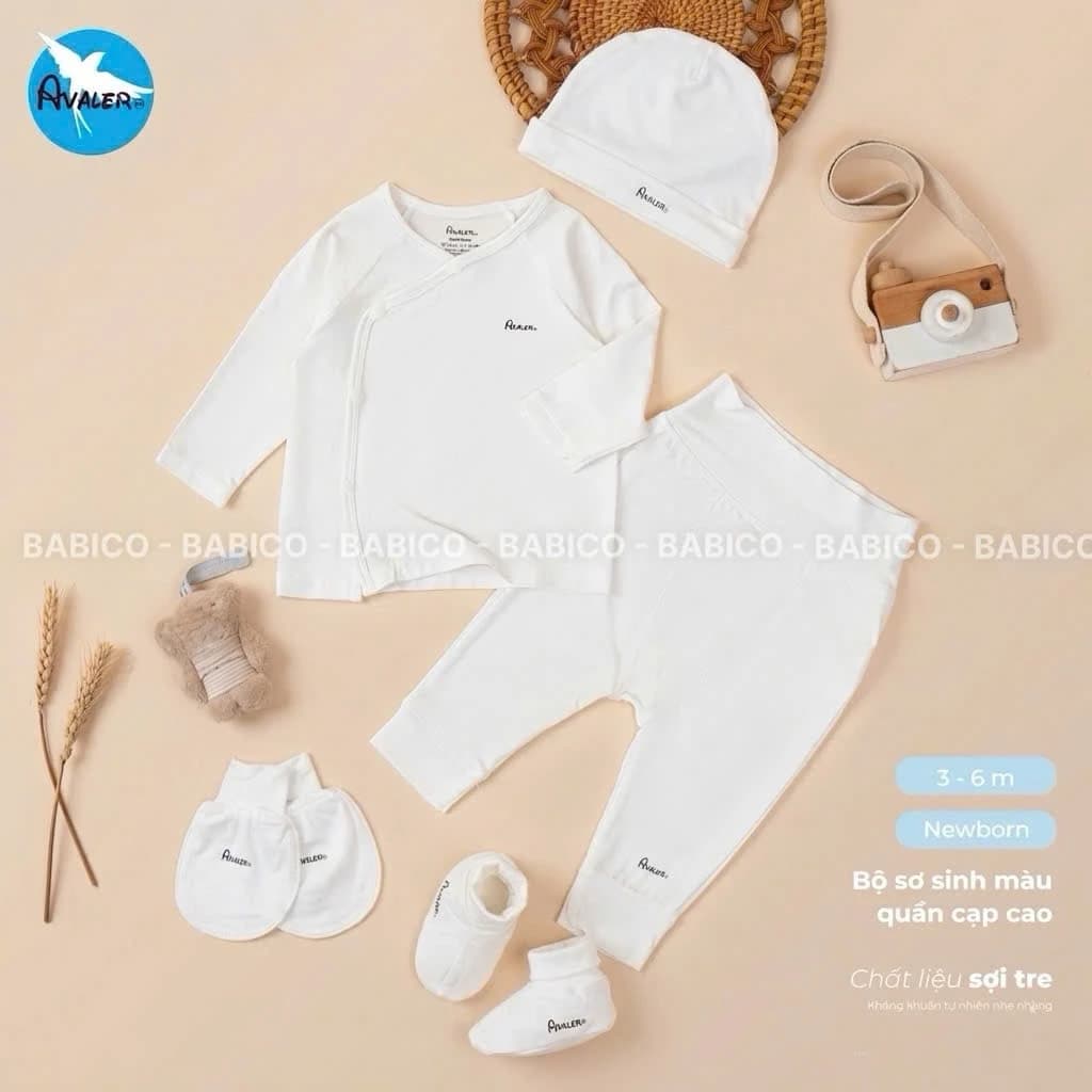 Set Sơ Sinh Vải Sợi Tre Cao Cấp Avaler Quần Cạp Cao Cúc Lệch Màu Trắng Và Các Màu Đáng Yêu Cho Bé (Cạp Cao)