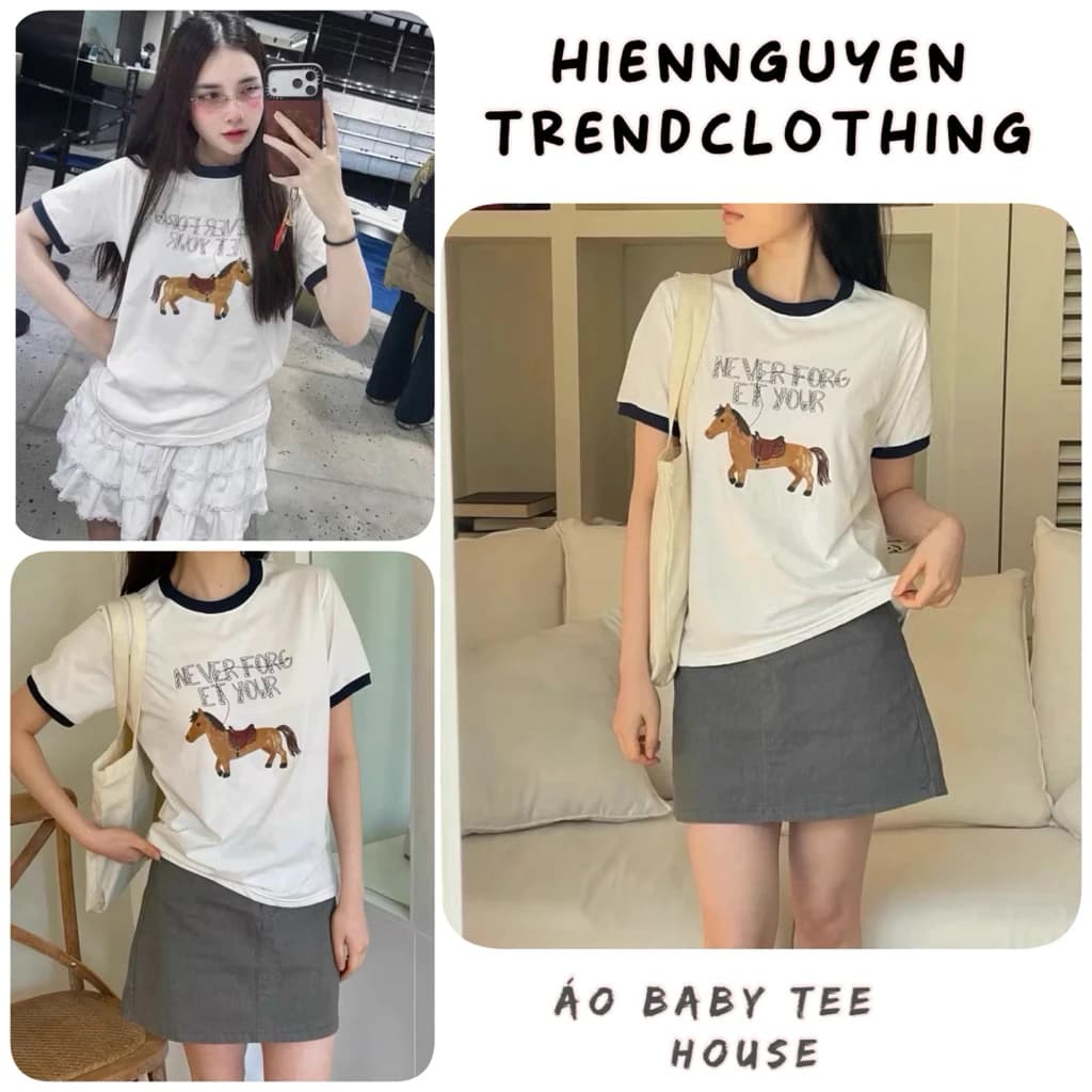 Áo Baby Tee NEVER FORGET YOUR Nữ  .Áo Thun Ringer Cổ Viền In Hình Ngựa Hot Trend - Áo Phông Ngắn Tay Chất Cotton Co Giãn