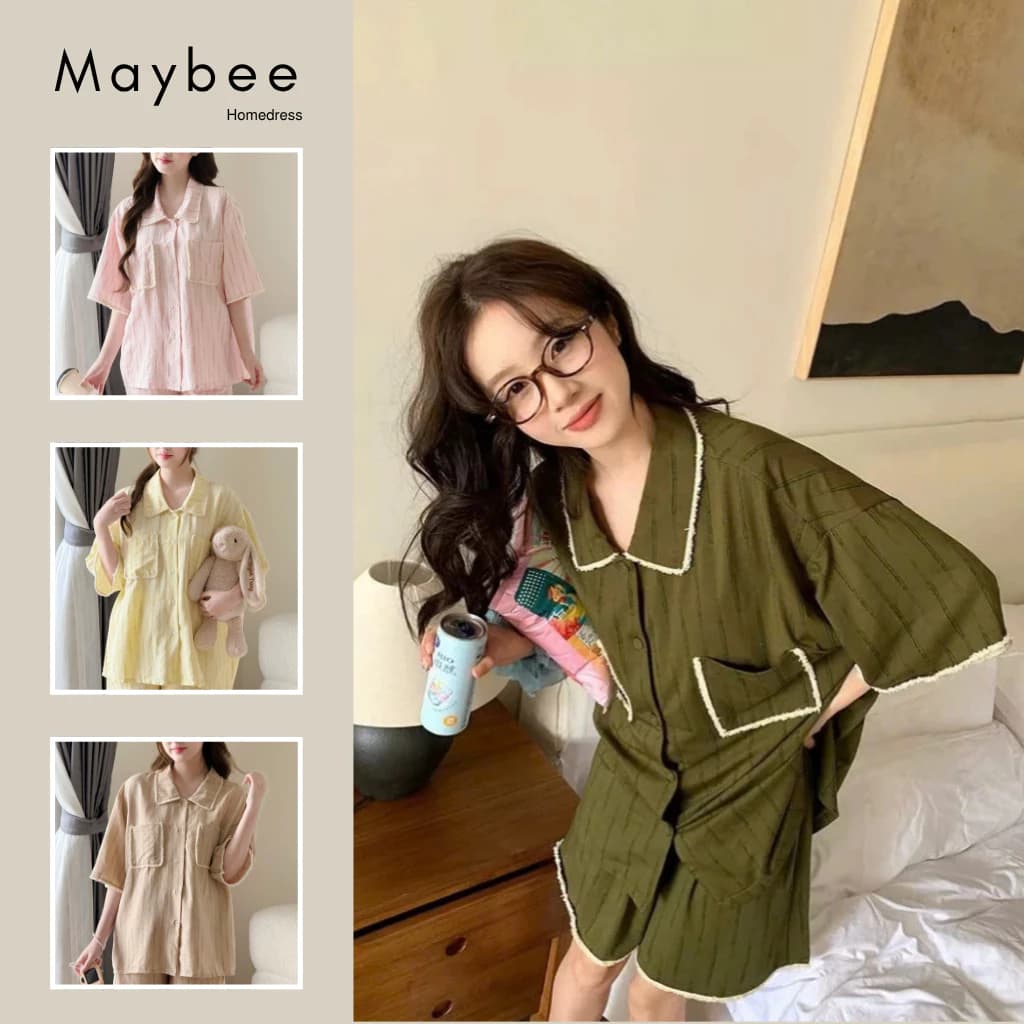 MB-SET-024 Set đồ ngủ ngắn tay kẻ loang dáng rộng phối ren gấu Maybee Homedress