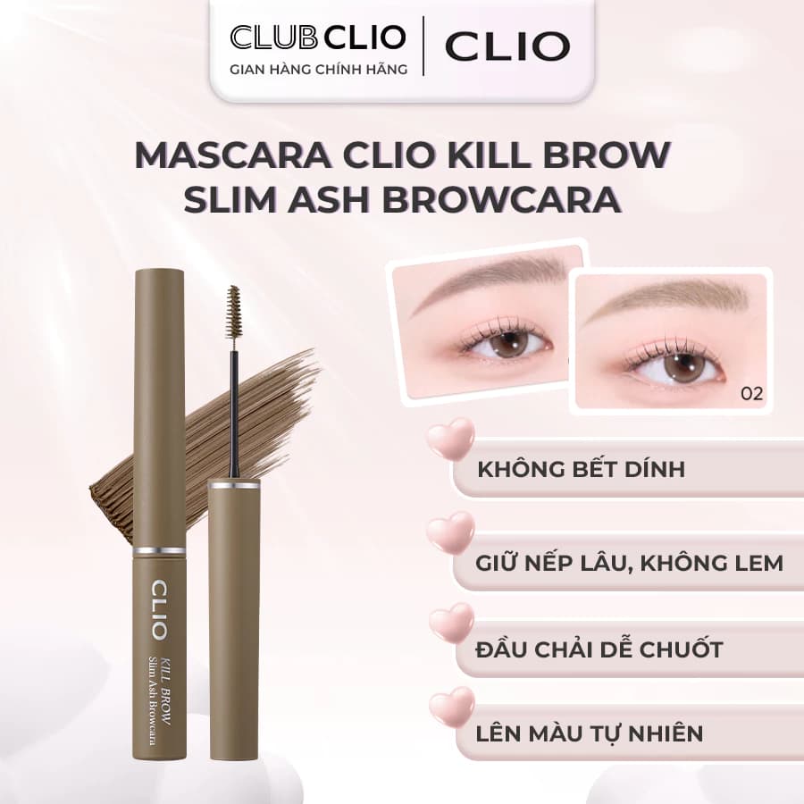 Mascara Lông Mày Clio Kill Brow Slim Ash Browcara 3g - Giữ Nếp Lâu Không Bết Dính Lên Màu Tự Nhiên