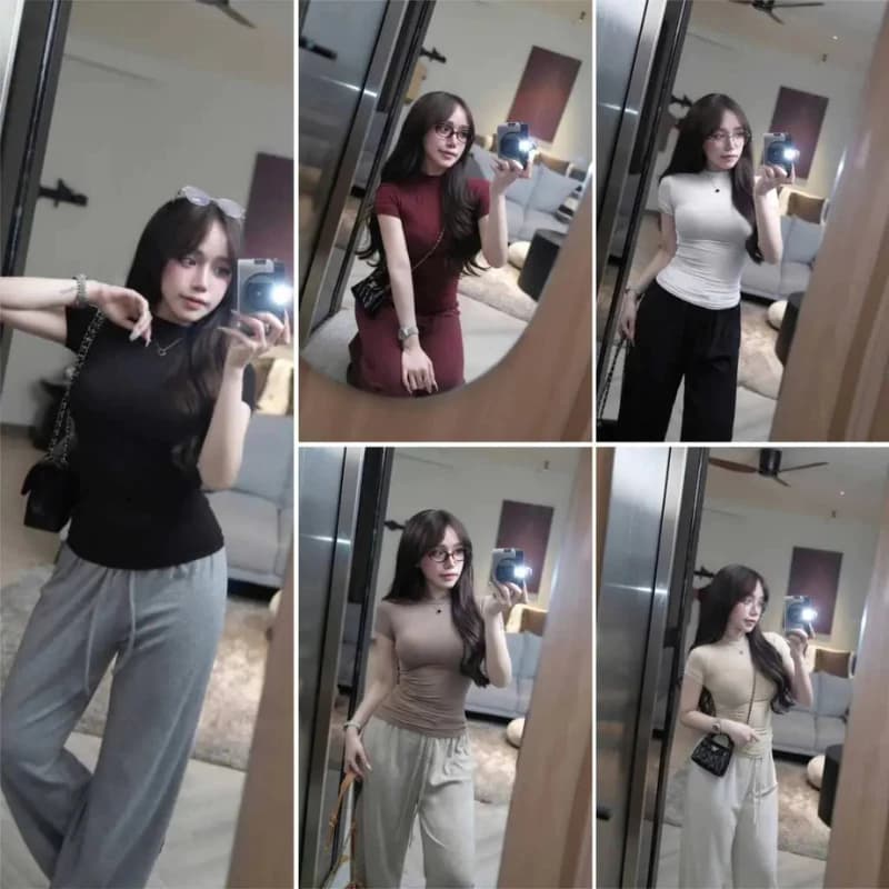 Set Đồ Nữ Ôm Body Tôn Dáng, Áo Thun Tay Ngắn + Quần Ống Rộng Basic, Outfit Hàng Ngày
