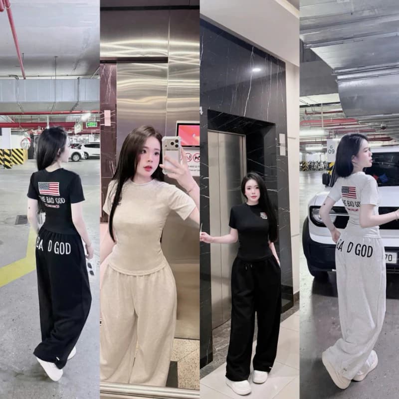 Bộ Đồ Nữ Dáng Rộng Cá Tính THE BAD GOD Cờ Mỹ, Áo Body + Quần Ống Rộng Lưng Thun, Set Nữ Hot TikTok