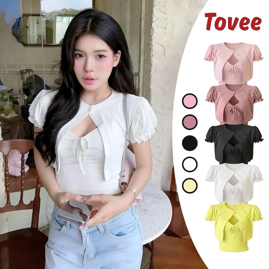 SET CARDIGAN CROPTOP TAY PHỒNG Phối Áo 2 DÂY Thun Gân SET02, Set Áo Choàng Nữ Thắt Nơ Mùa Hè TOVEE