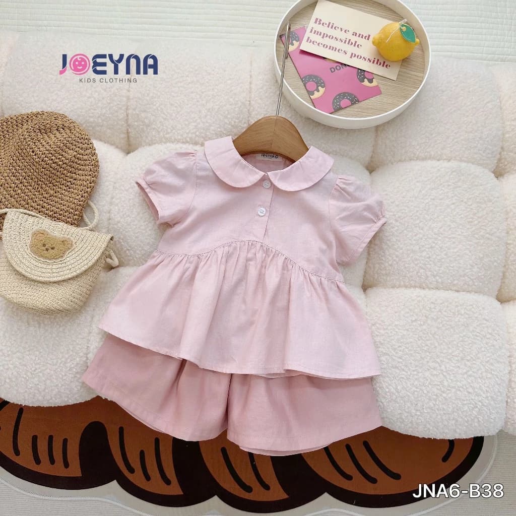 Bộ Quần Áo Babydoll Cổ Sen Phối Quần Đùi Hồng Xinh Xắn Cho Bé Gái Đi Học Đi Chơi Size từ 13-21 kg