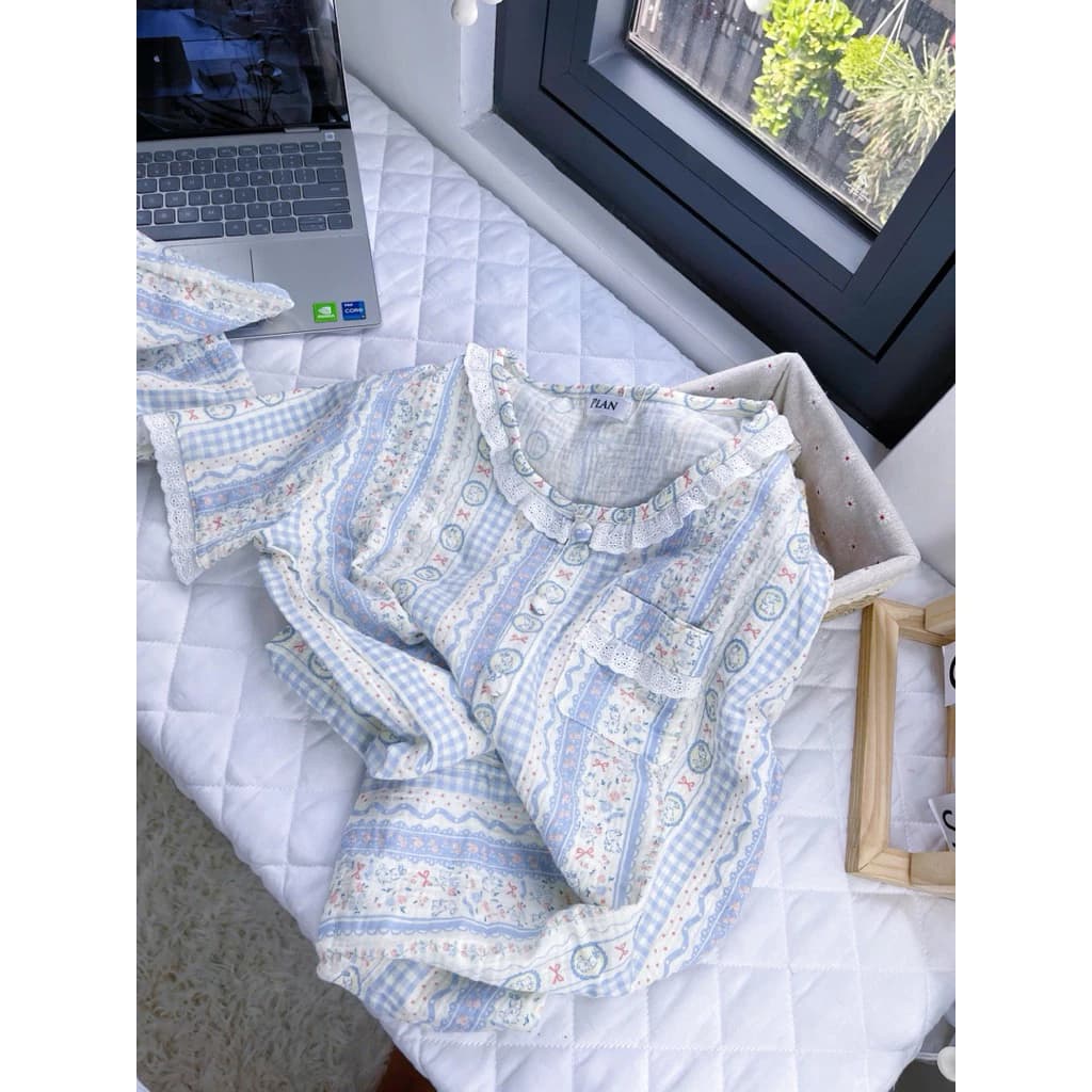 Bộ mặc nhà xô muslin, màu xanh thổ cẩm 38-75kg, vải mềm.mịn.thấm hút tốt.an toàn cho da,thoải mái cho giấc ngủ của bạn