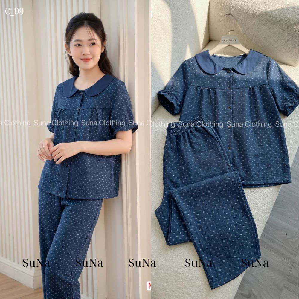 C09- Đồ bộ mặc nhà nữ SUNA chất đũi ,tay cộc quần dài, hoa nhí, mềm mịn thoáng mát thấm mồ hôi  mặc hè
