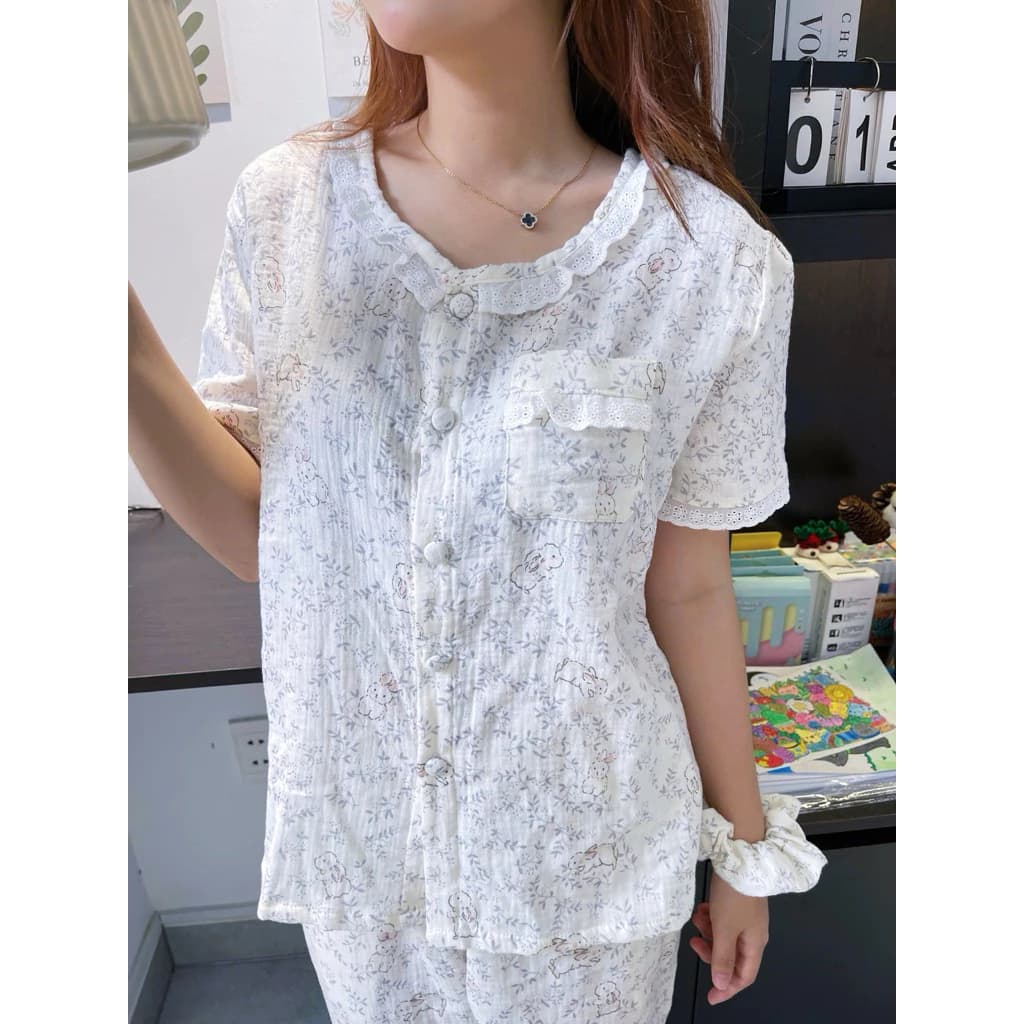 Bộ mặc nhà xô muslin,màu thỏ tai hồng 38-75kg,vải mềm.mịn.thấm hút tốt.an toàn cho da,thoải mái cho giấc ngủ của bạn