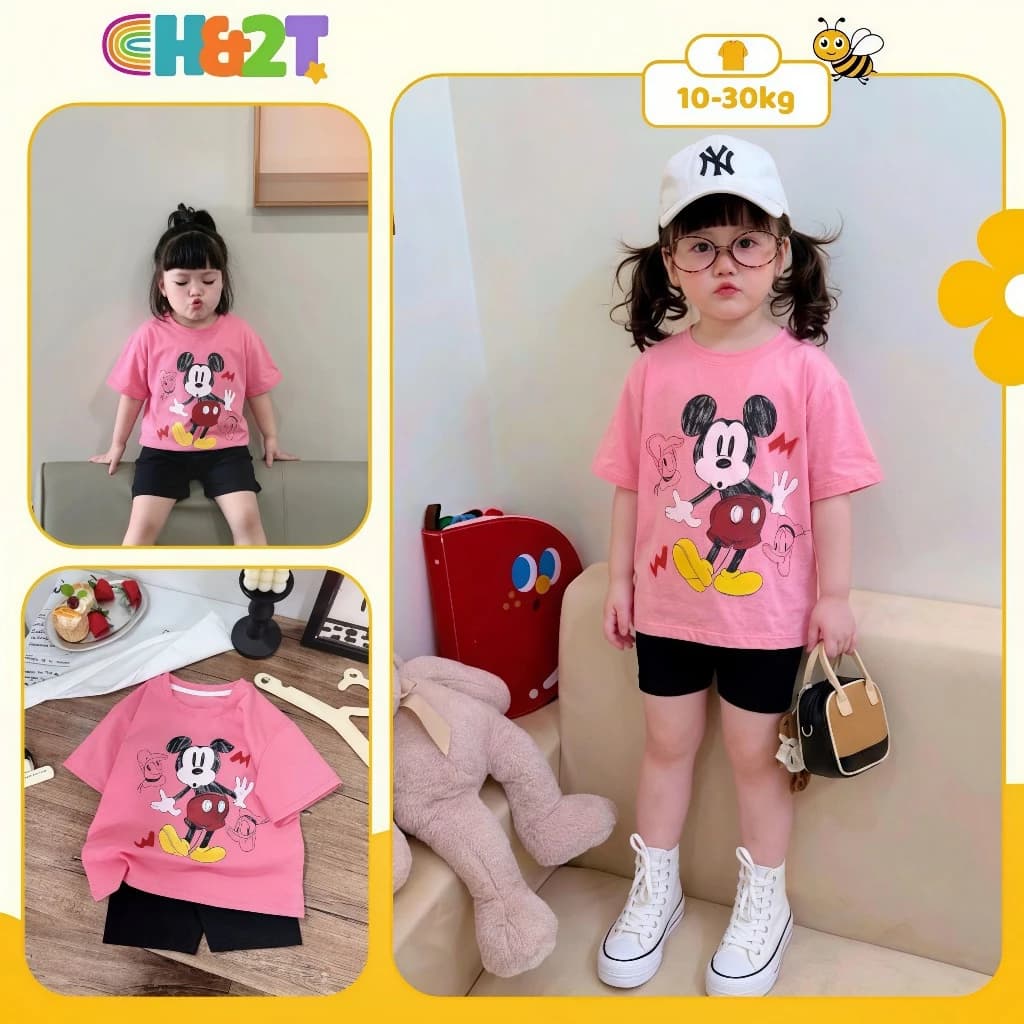 Set bé gái áo thun mickey hồng quần short đen, set bé gái cotton hoạt hình dễ thương mềm mát mùa hè H&2T baby kid - [M8]